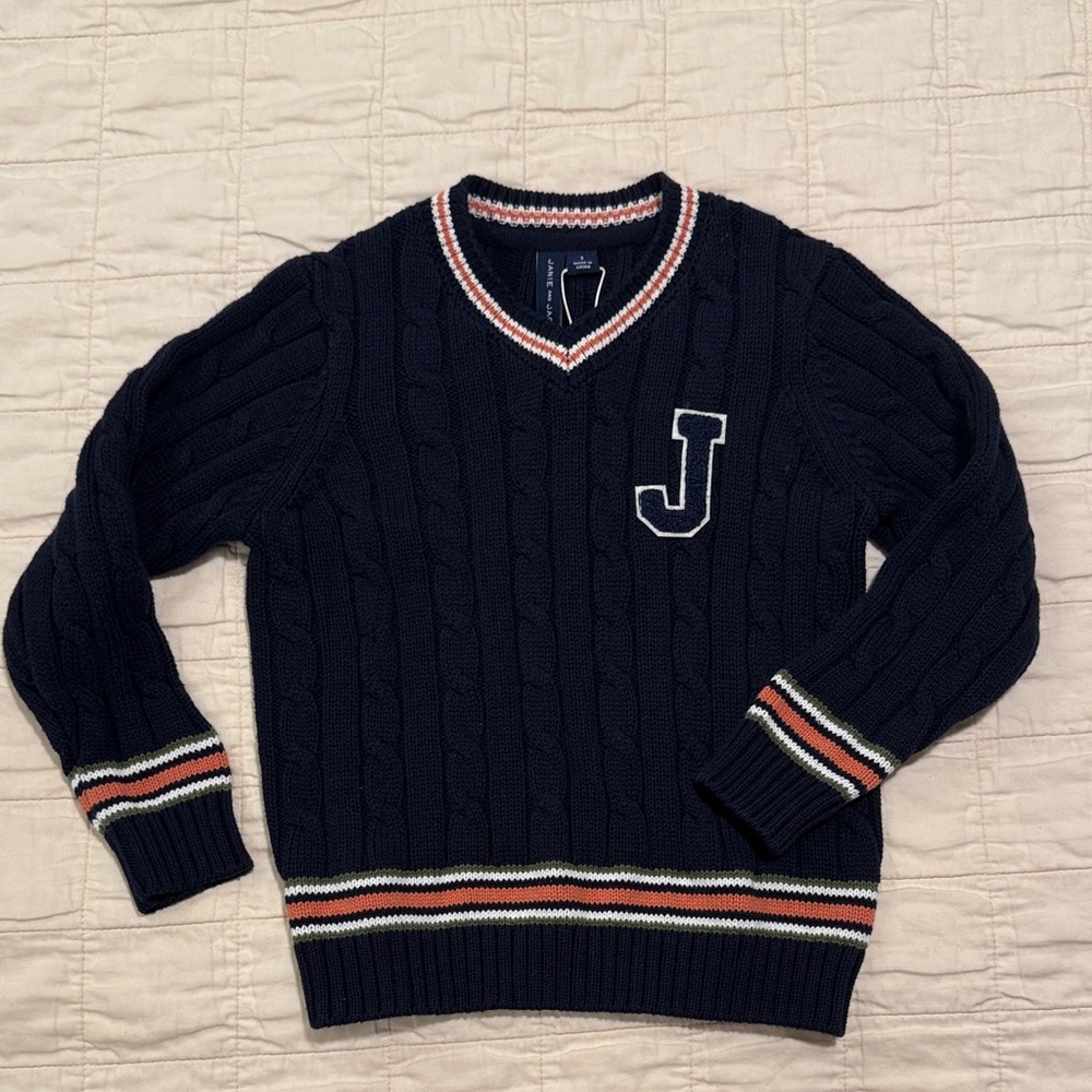 Janie and Jack Navy Cable-Knit V-Neck Sweater with Stripe Trim